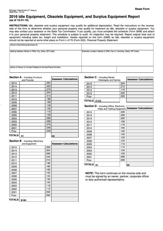 Fillable Form 2698 - Idle Equipment, Obsolete Equipment, And Surplus Equipment Report - 2016 Printable pdf