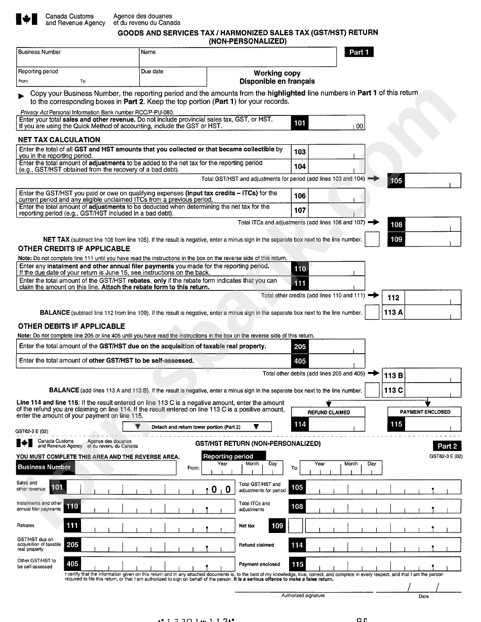 Goods And Services Tax/harmonized Sales Tax (Gst/hst) Return Form (Non-Personalized)