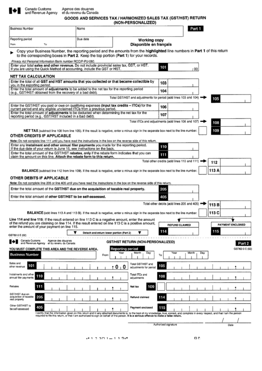 Goods And Services Tax/harmonized Sales Tax (Gst/hst) Return Form (Non-Personalized) Printable pdf