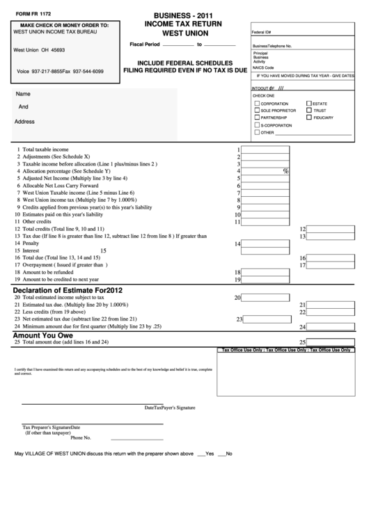 Form Fr 1172 - Business Income Tax Return - West Union - 2011 Printable pdf