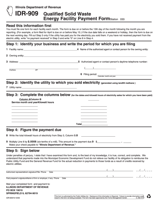 Form Idr-909 - Illinois Qualified Solid Waste Energy Facility Payment Form Printable pdf