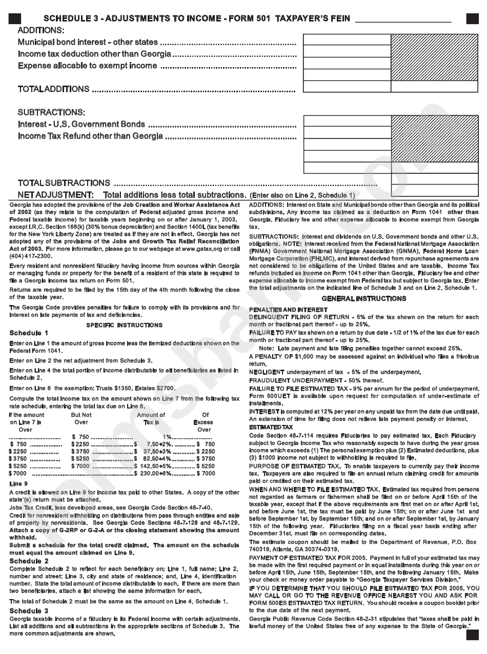 Georgia Form 500 Schedule 1 Adjustments To Income Adjustments To Income - Form 501 - Georgia printable pdf download