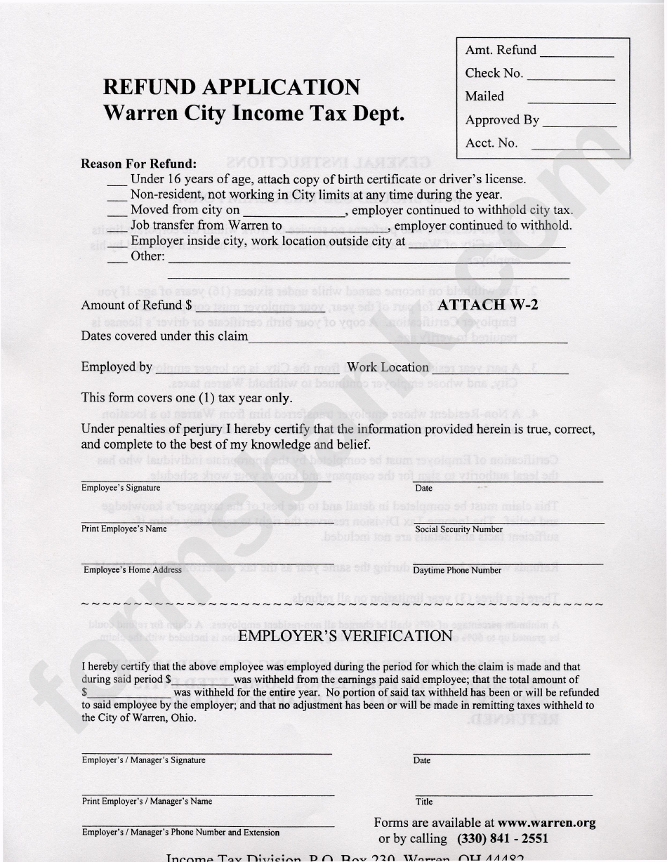 Refund Application - Warren City Income Tax Department