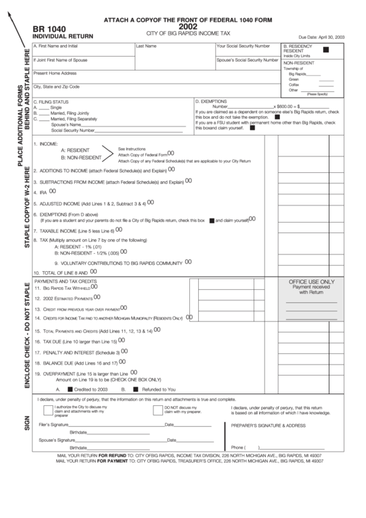 Form Br 1040 - Individual Return - City Of Big Rapids Income Tax - 2002 Printable pdf