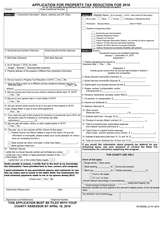 Application For Property Tax Reduction - Idaho County Assessor - 2016 Printable pdf