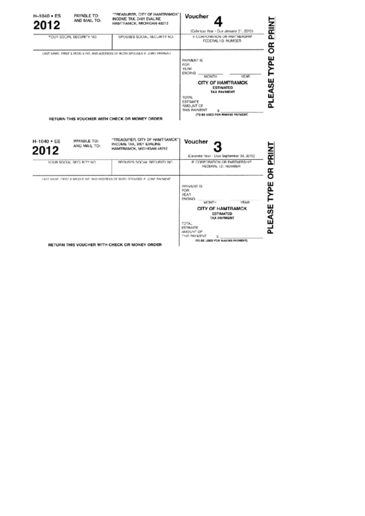Form H-1040 Es - Estimated Tax Payment Voucher - City Of Hamtramck - 2012 Printable pdf