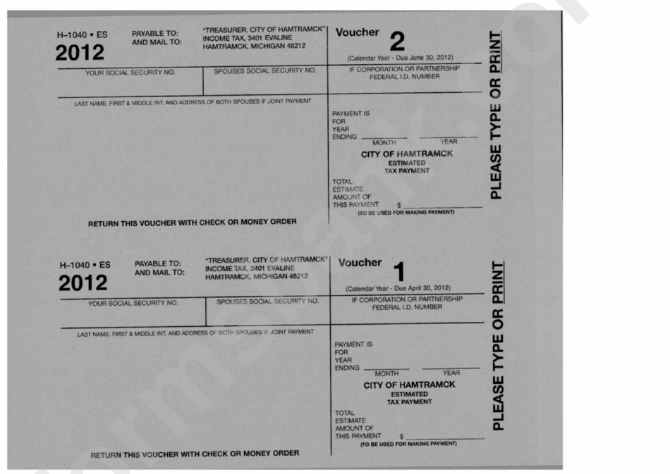 Form H-1040 Es - Estimated Tax Payment Voucher - City Of Hamtramck - 2012