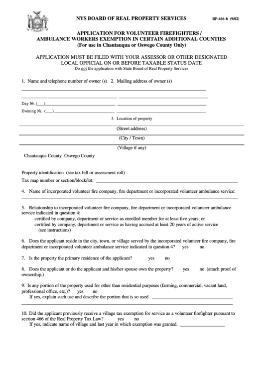 Form Rp-466-B - Application For Volunteer Firefighters / Ambulance Workers Exemption In Certain Additional Counties - 2002 Printable pdf