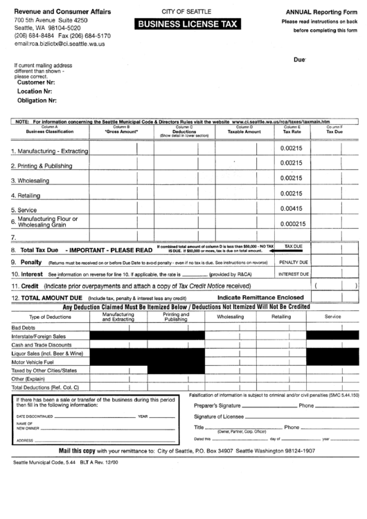 Business License Tax - City Of Seattle - Washington Revenue And Consumer Affairs Printable pdf