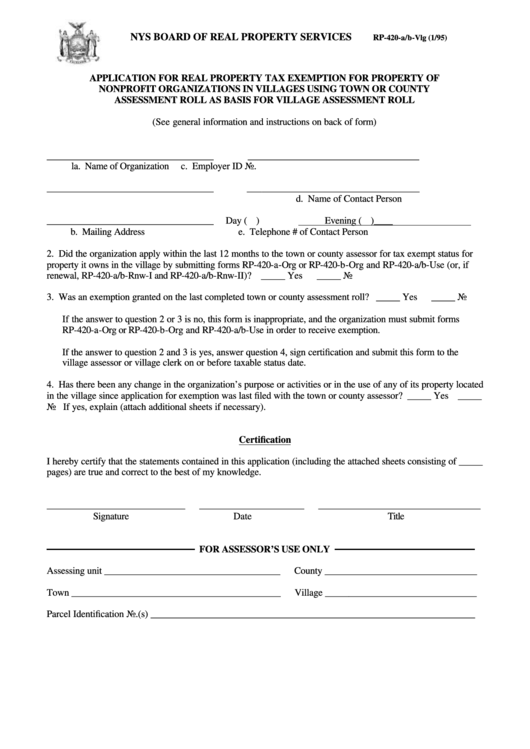 Form Rp-420-A/b-Vlg - Application For Real Property Tax Exemption For Property Of Nonprofit Organizations In Villages Using Town Or County Assessment Roll As Basis For Village Assessment Roll - Nys Board Of Real Property Services Printable pdf
