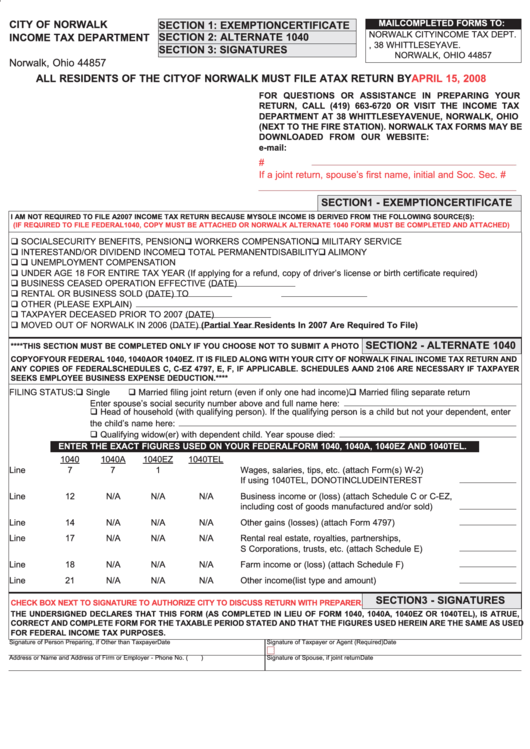 City Of Norwalk Income Tax Department Form - 2007 Printable pdf