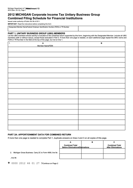 Form 4910 - Corporate Income Tax Unitary Business Group Combined Filing Schedule For Financial Institutions - 2012 Printable pdf