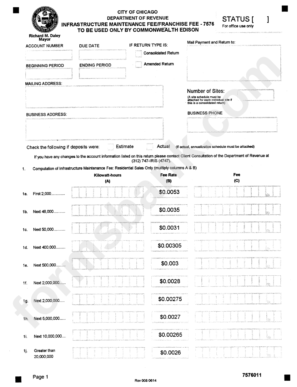 Form 7576013 - Infrastructure Maintenance Fee/franchise Fee - 7576 To Be Used Only By Commonweal Edison - State Of Illinois