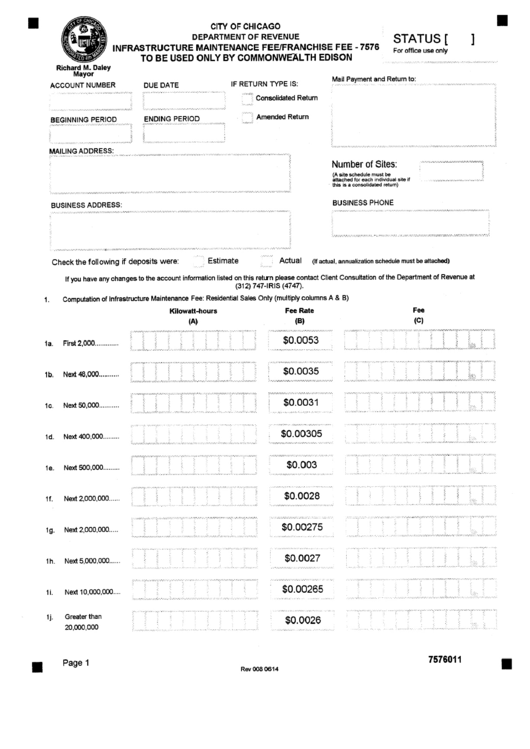 Form 7576013 - Infrastructure Maintenance Fee/franchise Fee - 7576 To Be Used Only By Commonweal Edison - State Of Illinois Printable pdf