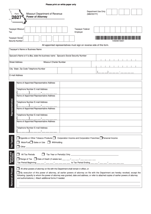Fillable Form 2827 - Power Of Attorney - 2016 Printable pdf