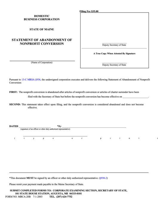 Fillable Form Mbca-20b - Statement Of Abandonment Of Nonprofit Conversion - State Of Maine Printable pdf