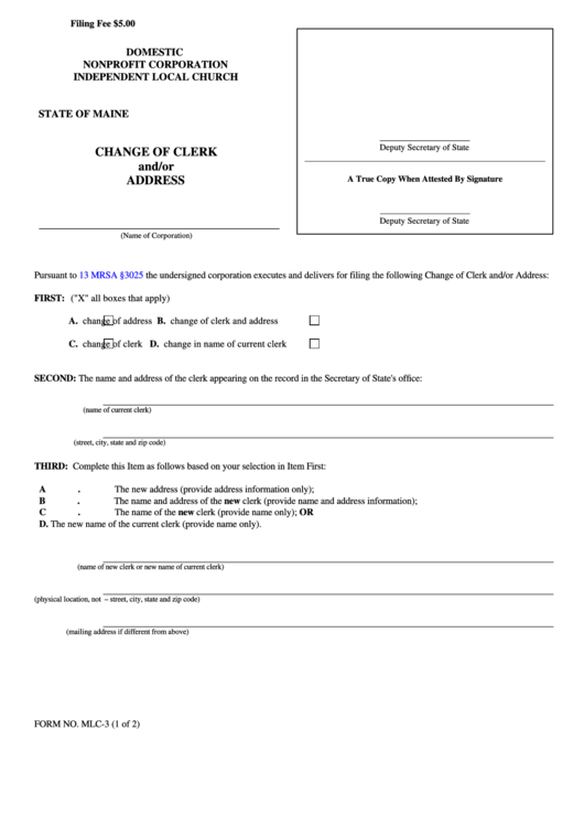 Fillable Form Mlc-3 - Change Of Clerk And/or Address- State Of Maine Printable pdf