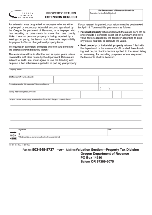 Fillable Property Return Extension Request - Oregon Printable pdf