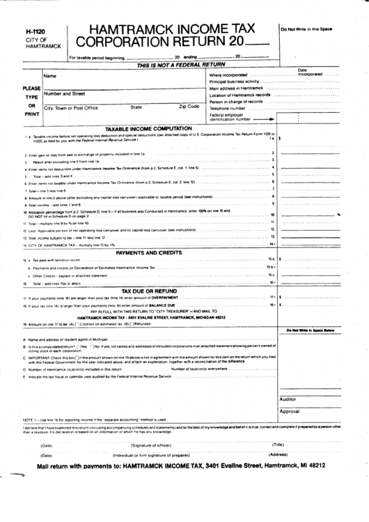 Form H-1120 - Hamtramck Income Tax Corporation Return - State Of Michigan Printable pdf