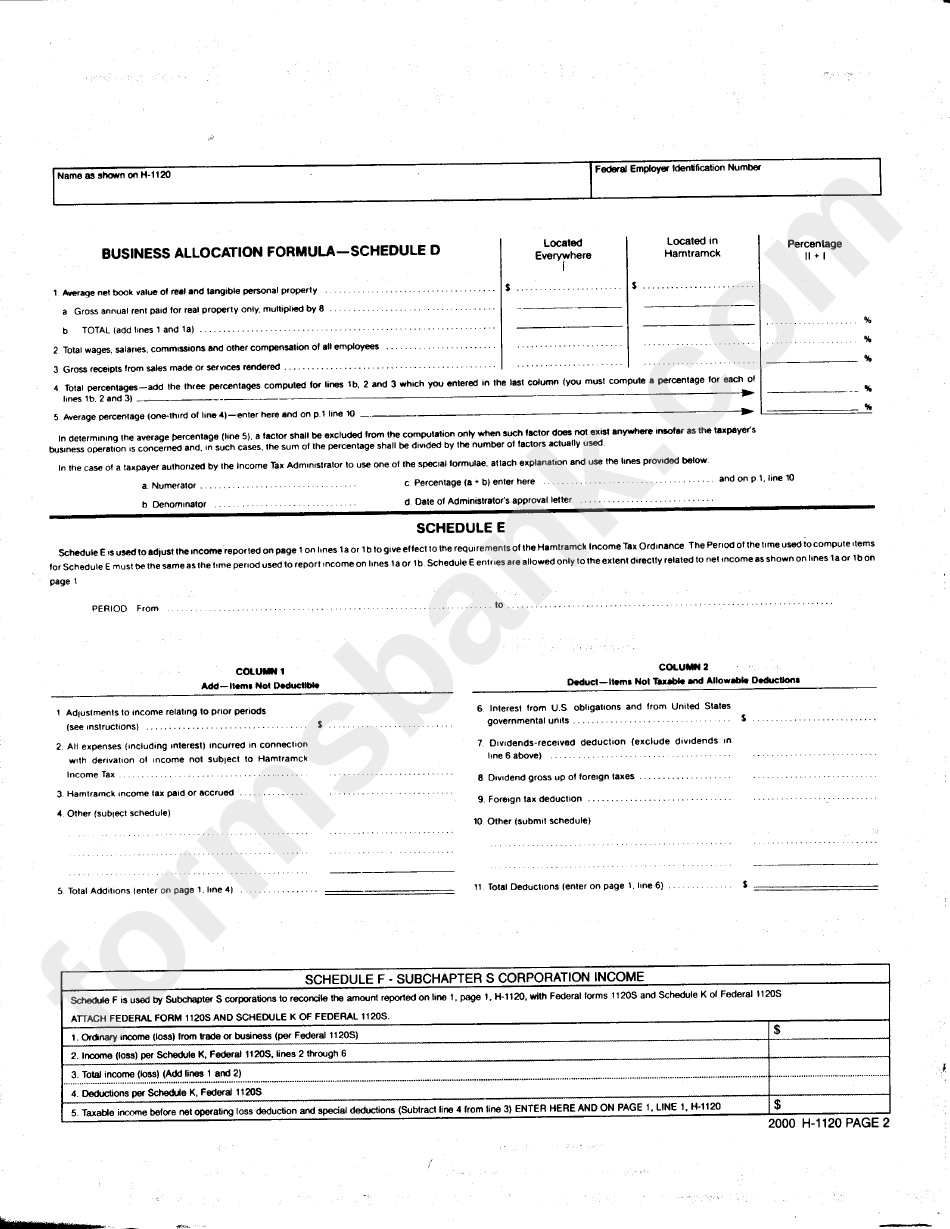 Form H-1120 - Hamtramck Income Tax Corporation Return - State Of Michigan