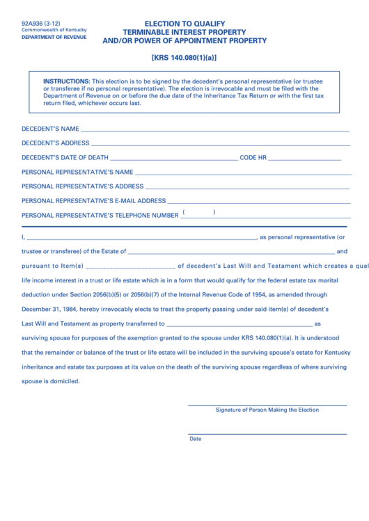 Form 92a936 - Election To Qualify Terminable Interest Property And/or Power Of Appointment Property - 2012 Printable pdf