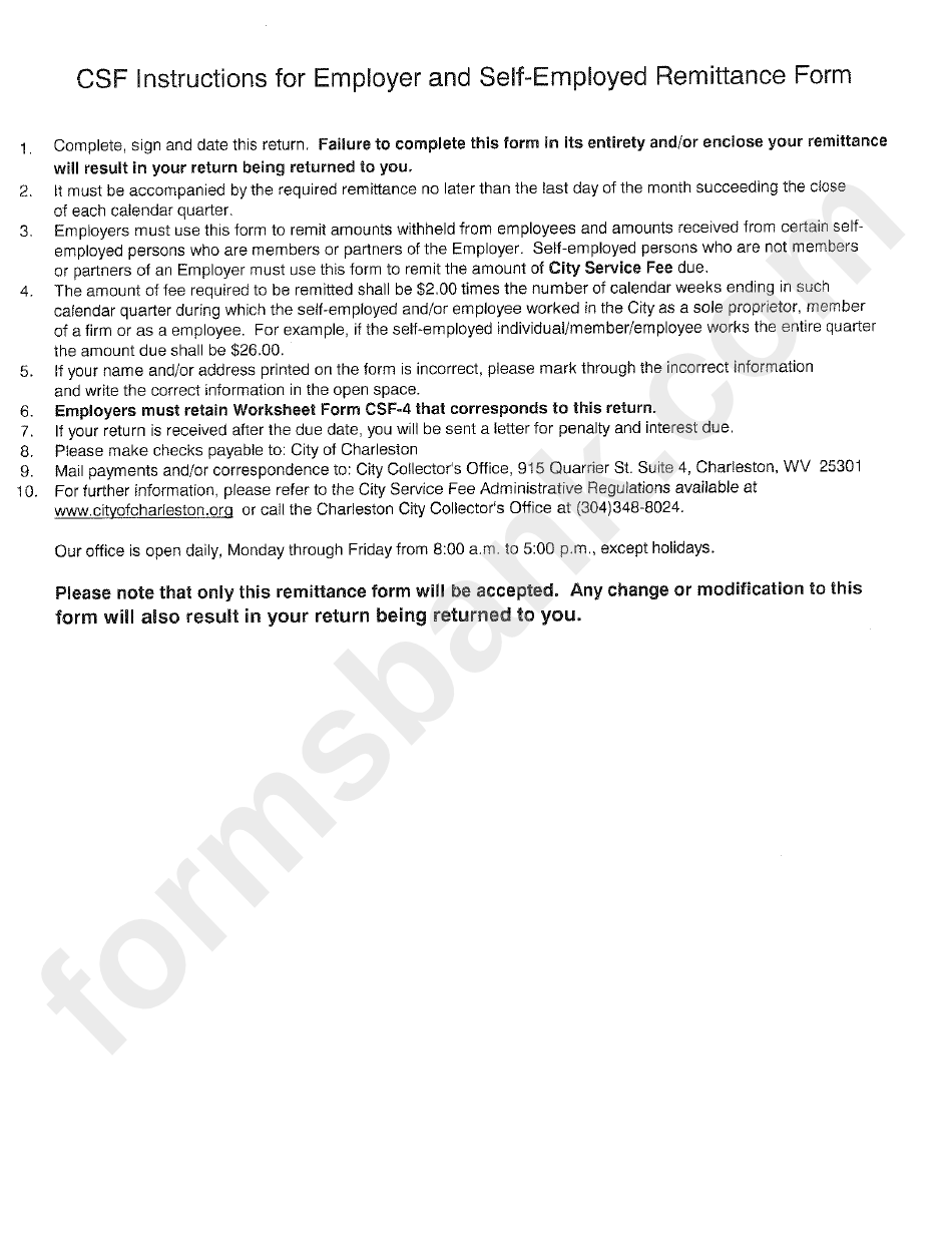 Form Csf-2 - Csf Remittance Form - City Of Charleston