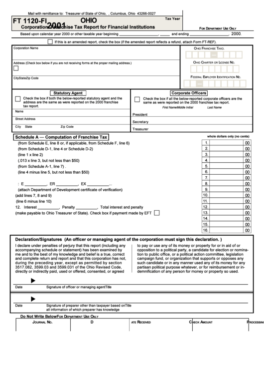 Form Ft 1120-Fi - 2001 Corporation Franchise Tax Report For Financial Institutions Printable pdf