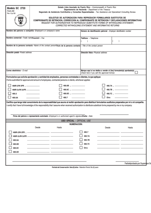 Form As Modelo Sc 2720 - Request For Authorization To Reproduce Substitute Forms Of Withholding Statement, Corrected Withholding Statement And Informative Returns Printable pdf