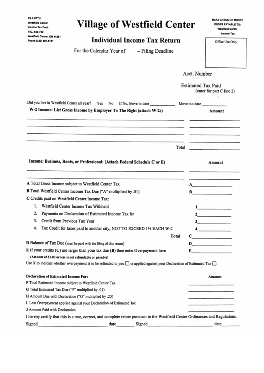 Indicidual Income Tax Return Form - State Of Ohio Printable pdf