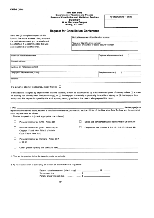 Form Cms-1 - Request For Conciliation Conference - New York Printable pdf