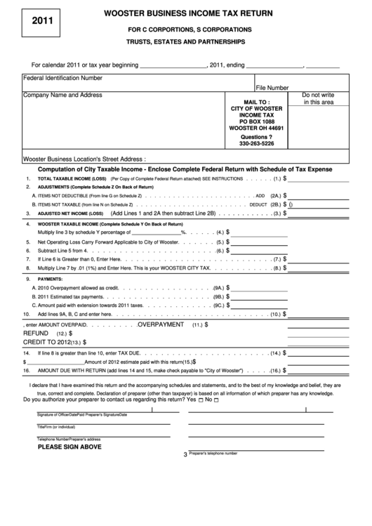 Fillable Business Income Tax Return Form - City Of Wooster - 2011 Printable pdf