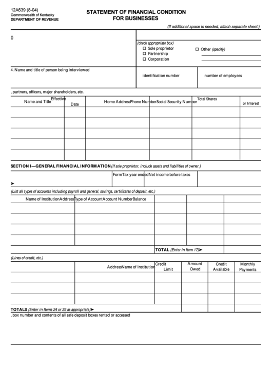 Form 12a639 - Statement Of Fimamcial Condition For Businesses - 2004 Printable pdf