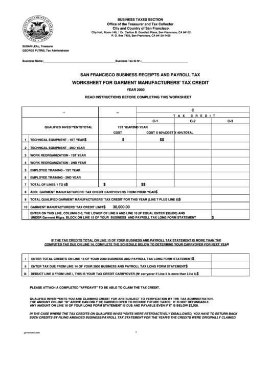 San Francisco Business Receipts And Payroll Tax Worksheet For Garment Manufacturers