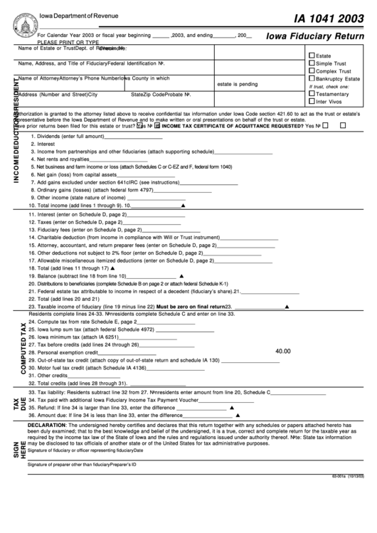 Form Ia 1041 - Iowa Fiduciary Return - 2003 Printable pdf
