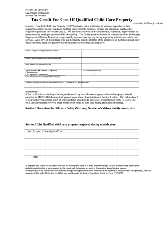 Fillable Form It-Ccc100 - Tax Credit For Cost Of Qualified Child Care Property - 2015 Printable pdf