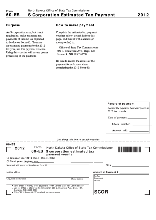 Fillable Form 60-Es - S Corporation Estimated Tax Payment Voucher - 2012 Printable pdf