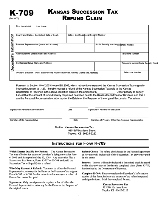 Form K-709 - Kansas Succession Tax Refund Claim Printable pdf