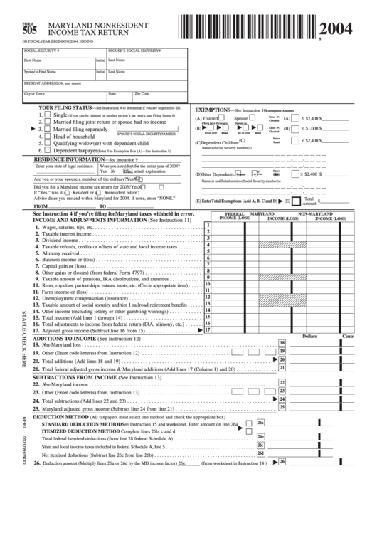 Fillable Form 505 - Maryland Nonresident Income Tax Return - 2004 Printable pdf