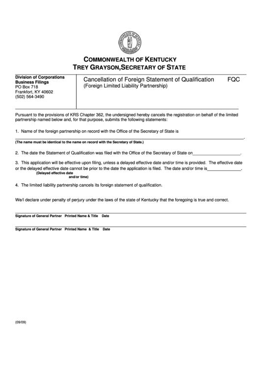 Fillable Form Fqc - Cancellation Of Foreign Statement Of Qualification (Foreign Limited Liability Partnership) Printable pdf