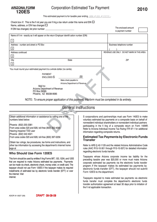 Arizona Form 120es Draft - Corporation Estimated Tax Payment - 2010, Arizona Form 120w Draft - Estimated Tax Worksheet For Corporations - 2010 Printable pdf