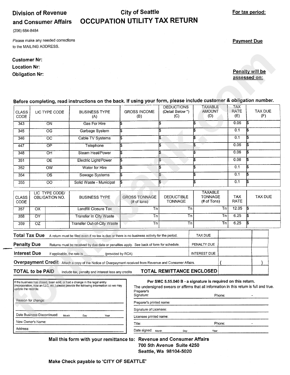 Occupation Utility Tax Return Form - City Of Seattle