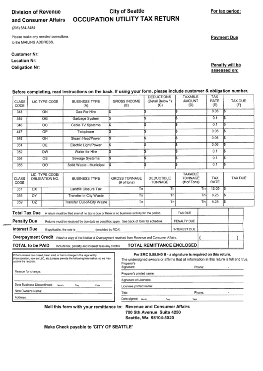 Occupation Utility Tax Return Form - City Of Seattle Printable pdf