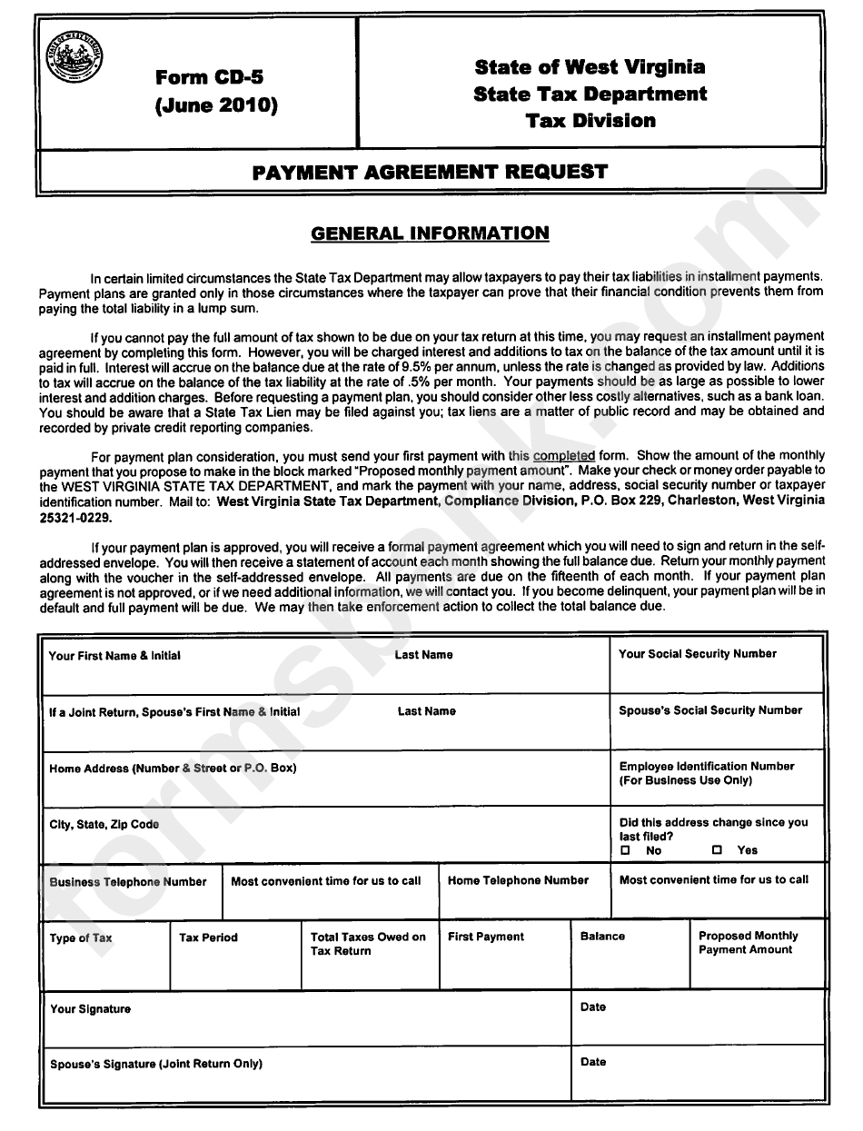 Form Cd-5 - Payment Agreement Request