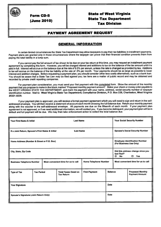Form Cd-5 - Payment Agreement Request Printable pdf