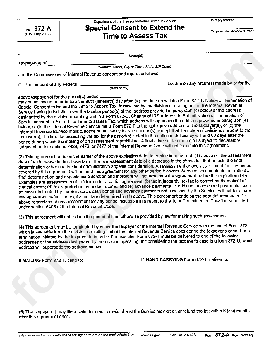 Form 872-A - Special Consent To Extend The Time To Assess Tax