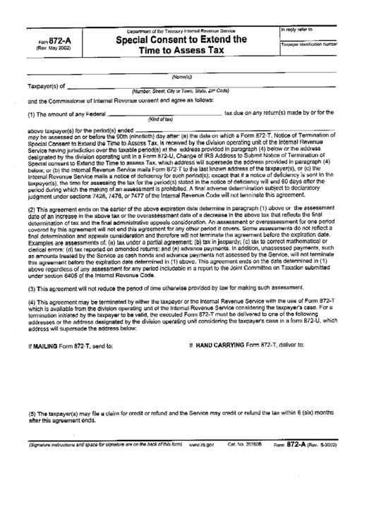 Form 872-A - Special Consent To Extend The Time To Assess Tax Printable pdf