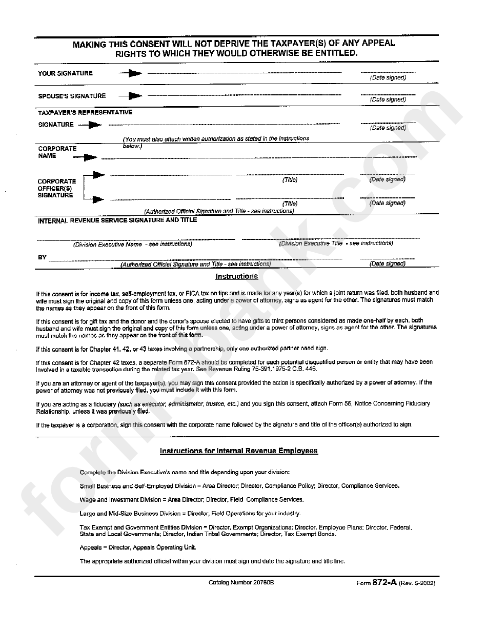 Form 872-A - Special Consent To Extend The Time To Assess Tax