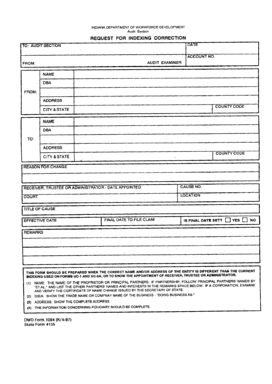 Form 1094 - Request For Indexing Correction - Indiana Department Of Workforce Development Printable pdf