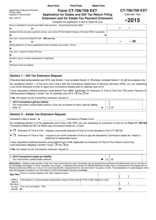 Fillable Form Ct-706/709 Ext - Application For Estate And Gift Tax Return Filing Extension And For Estate Tax Payment Extension - 2015 Printable pdf