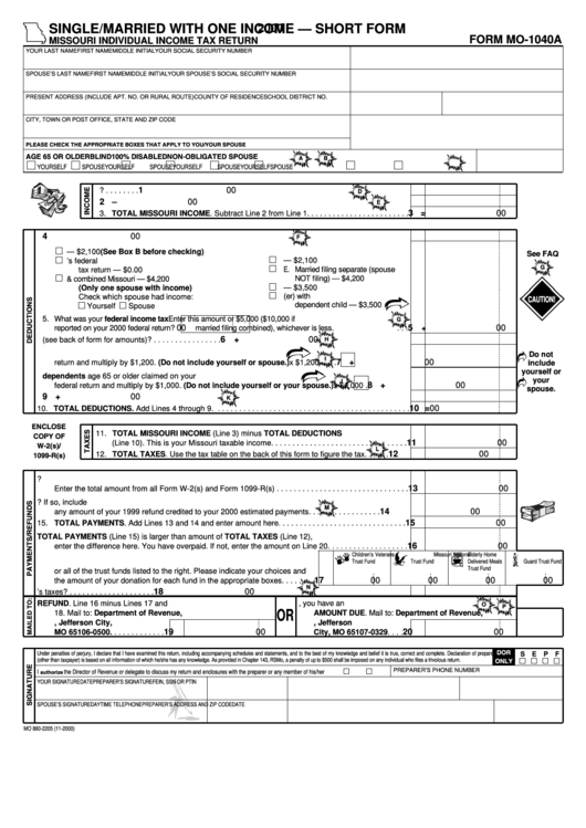 Form Mo-1040a - Single/married With One Income - Short Form - 2000 Printable pdf